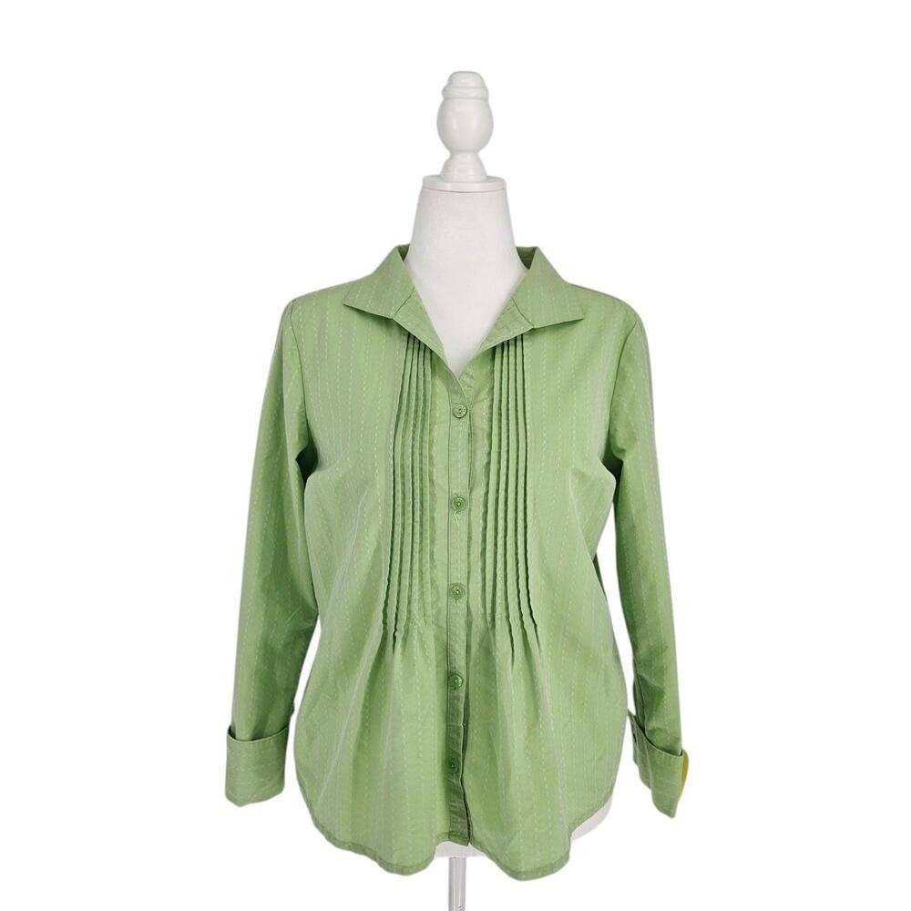 Coldwater Creek Button Up Shirt Womens PM Green Pleated Pintuck Long Sleeve Blou - Picture 2 of 11
